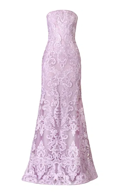 Naeem Khan Ribbon Lace Bustier Strapless Fit-and-flare Gown In Pink