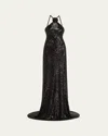 Naeem Khan Rosette Sequin Backless Halter Gown In Black