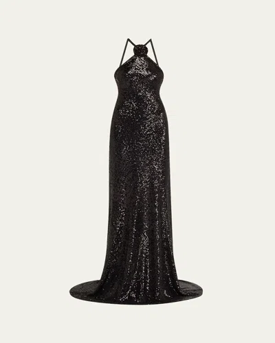Naeem Khan Rosette Sequin Backless Halter Gown In Black