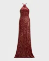 Naeem Khan Rosette Sequin Backless Halter Gown In Red Gold