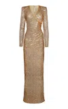 Naeem Khan Ruched Stretch Sequined Gown In Gold