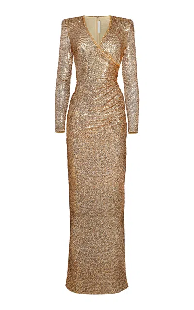 Naeem Khan Ruched Stretch Sequined Gown In Gold