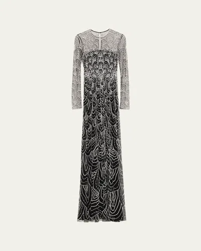 Naeem Khan Scallop Embellished Long-sleeve Illusion Gown In Black