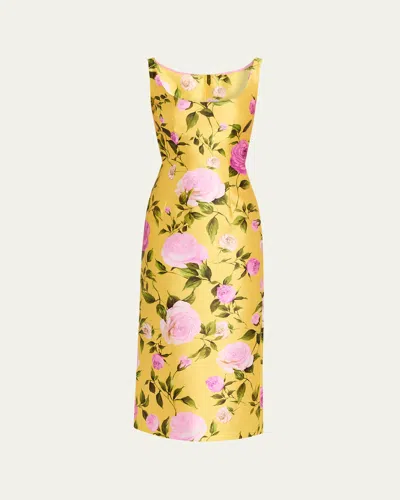 Naeem Khan Scoop-neck Rose Satin Midi Dress In Multi