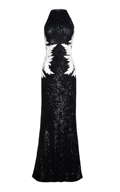 Naeem Khan Sequin Appliqué Halter Gown In Black