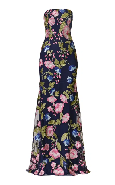 Naeem Khan Sequin Floral Lace Bustier Strapless Fit-and-flare Gown In Blue