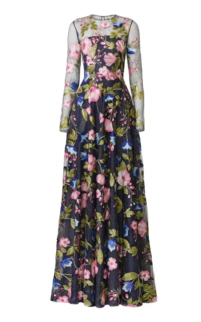 Naeem Khan Sequin Floral Lace Long Sleeve Gown In Black