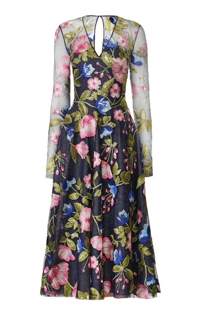 Naeem Khan Sequin Floral Lace V-neck Long Sleeve Cocktail Dress In Multi