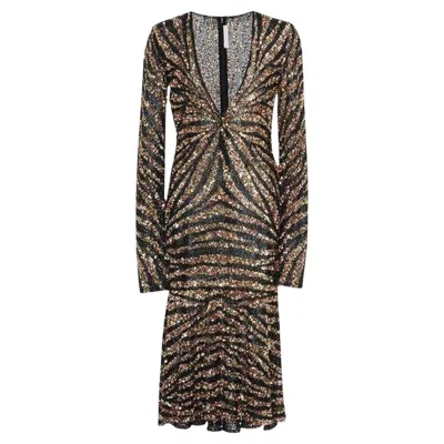 Pre-owned Naeem Khan Sequin V-neck Fitted Cocktail Dress Us 4 In Black