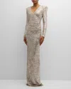 Naeem Khan Sequined Column Gathered V-neck Gown In Silver