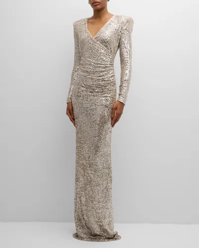 Naeem Khan Sequined Column Gathered V-neck Gown In Silver