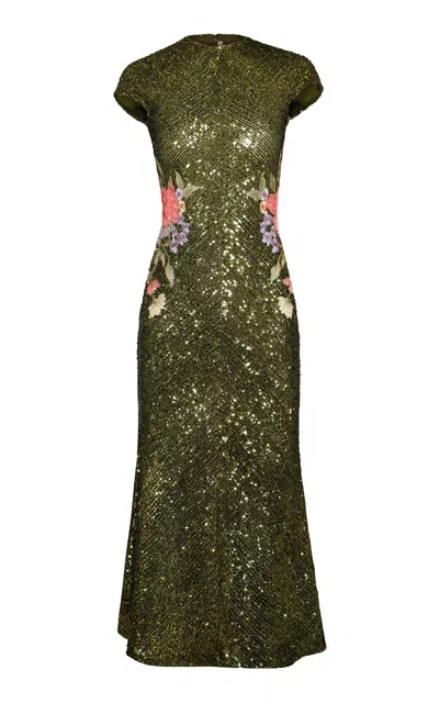 Naeem Khan Sequined Floral-appliquéd Midi Dress In Multi