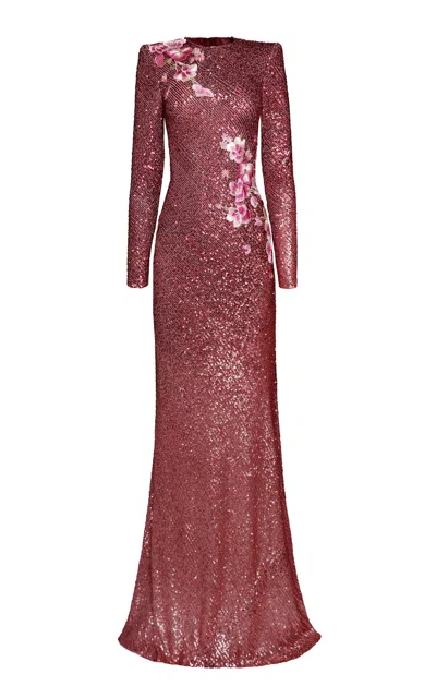 Naeem Khan Sequined Long Sleeve Gown In Pink