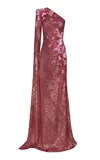 Naeem Khan Sequined Single-shoulder Cascading Sleeve Gown In Pink