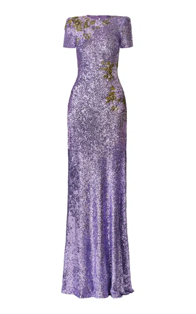 Naeem Khan Short Sleeve Applique Sequined Gown In Purple