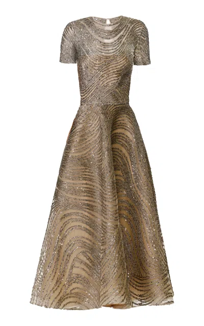 Naeem Khan Short Sleeve Sequined Midi Dress In Gray