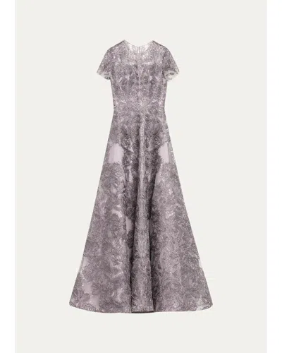 Naeem Khan Short-sleeve Metallic Raffia Embroidered Gown In Gray