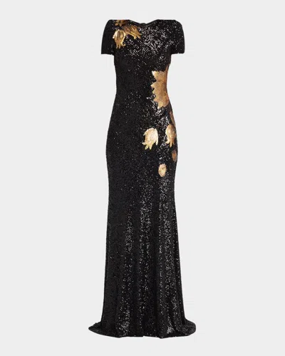 Naeem Khan Short-sleeve Sequined Flower Applique Gown In Black Gold