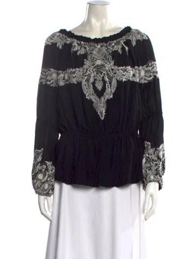 Pre-owned Naeem Khan Silk Floral Print Blouse In Black