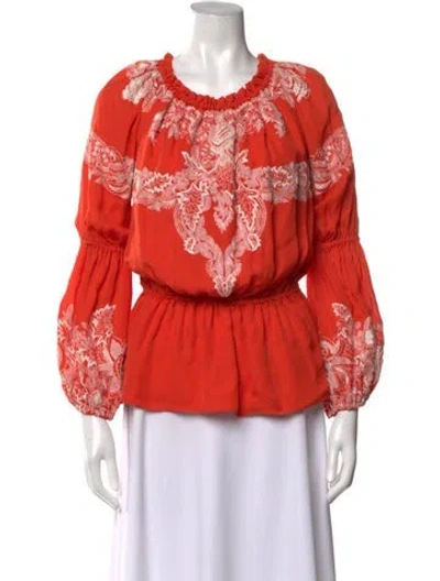 Pre-owned Naeem Khan Silk Floral Print Blouse In Orange