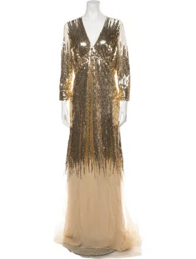 Pre-owned Naeem Khan Silk Long Dress In Gold