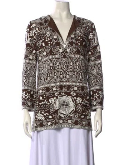 Pre-owned Naeem Khan Silk Printed Blouse In Brown