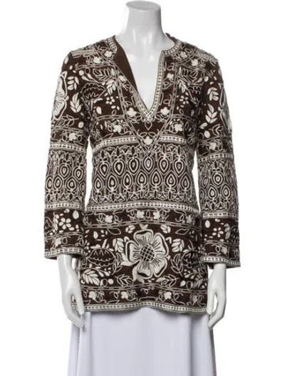 Pre-owned Naeem Khan Silk Printed Tunic In Brown