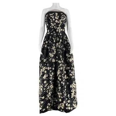 Pre-owned Naeem Khan Size 4 Black Cream Silk Payettes Strapless Long Gown Evening Dress In White