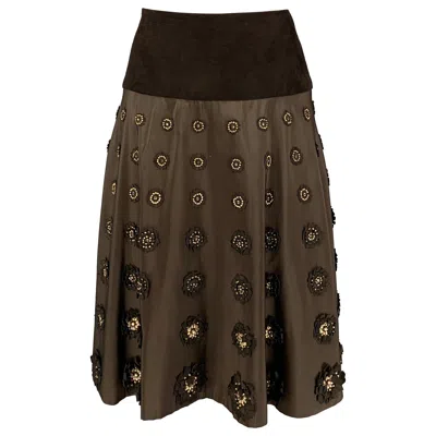 Pre-owned Naeem Khan Size 4 Brown Gold Silk Applique Circle Skirt