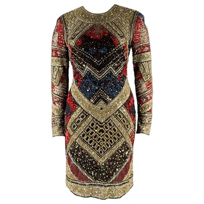 Pre-owned Naeem Khan Size 8 Silver Red & Blue Nylon Sequined Midi Cocktail Dress