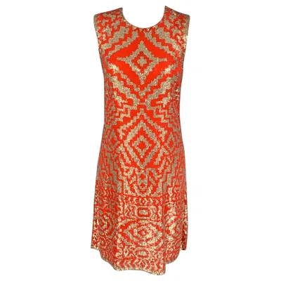 Pre-owned Naeem Khan Size M Orange Silver Geometric Sleeveless Cocktail Dress