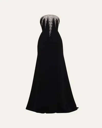 Naeem Khan Strapless Crystal-embellished Crepe Fit-&-flare Gown In Black