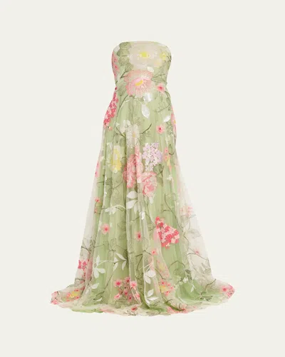 Naeem Khan Strapless Floral Embroidered Tulle Gown In Multi