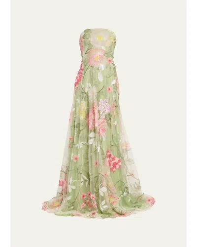 Naeem Khan Strapless Floral Embroidered Tulle Gown In Green/multi
