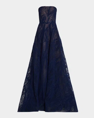 Naeem Khan Strapless Light Velvet Embroidered A-line Gown In Navy