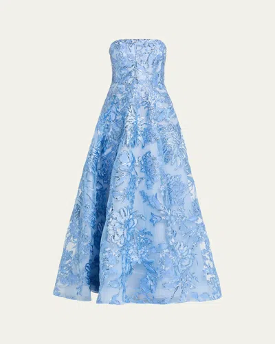 Naeem Khan Strapless Metallic Raffia Embroidered Gown In Blue