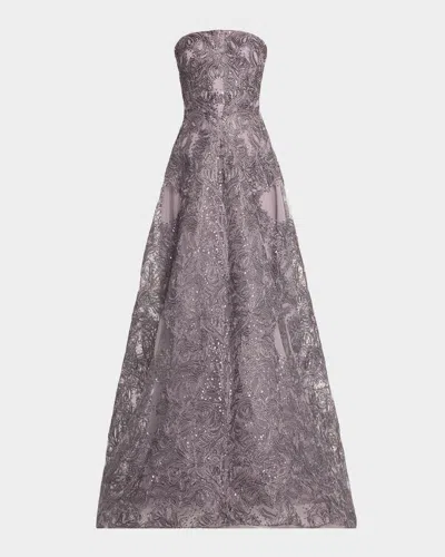 Naeem Khan Strapless Metallic Raffia Gown In Purple