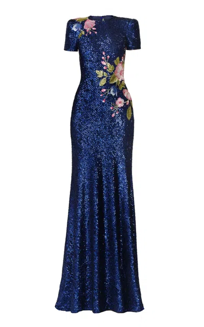 Naeem Khan Stretch Sequin Cap Sleeve Gown With Floral Applique In Blue