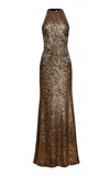 Naeem Khan Stretch-sequin Floral-appliquéd Halter Gown In Brown