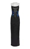 Naeem Khan Stretch-sequin Floral-appliquéd Illusion Gown In Black