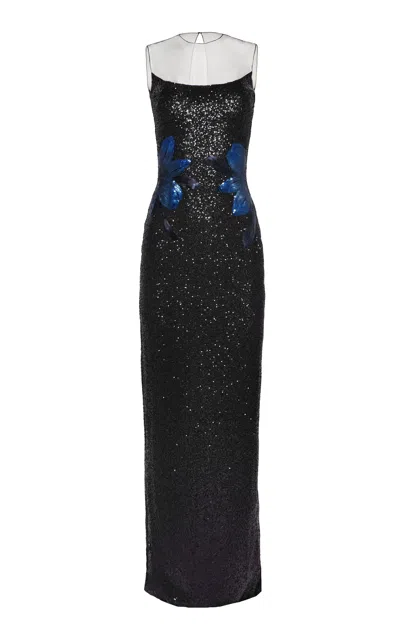 Naeem Khan Stretch-sequin Floral-appliquéd Illusion Gown In Black