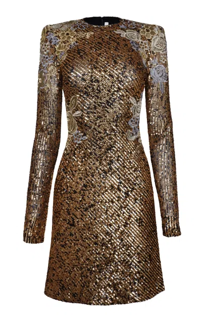 Naeem Khan Stretch-sequin Floral-appliquéd Mini Dress In Brown