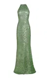 Naeem Khan Stretch Sequin Halter Gown In Green