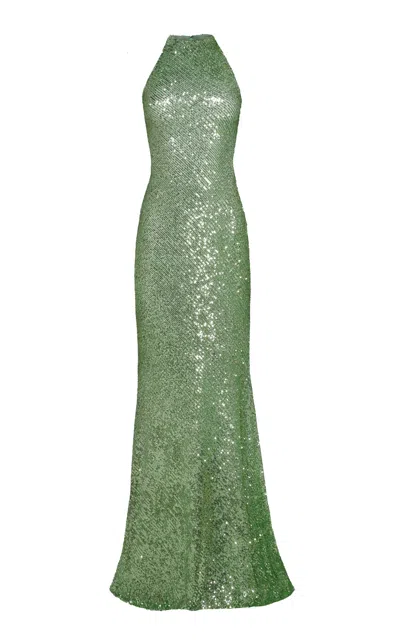 Naeem Khan Stretch Sequin Halter Gown In Green