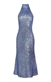 Naeem Khan Stretch-sequin Halter Midi Dress In Medium Wash