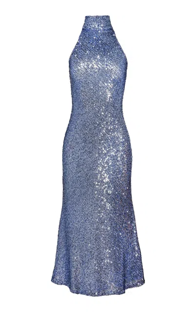 Naeem Khan Stretch-sequin Halter Midi Dress In Medium Wash
