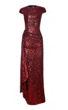 Naeem Khan Stretch-sequin Lace-appliquéd Draped Gown In Burgundy
