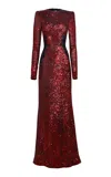 Naeem Khan Stretch-sequin Lace-appliquéd Gown In Red