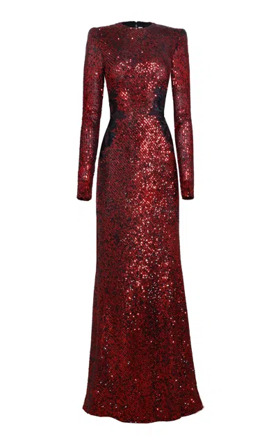 Naeem Khan Stretch-sequin Lace-appliquéd Gown In Red