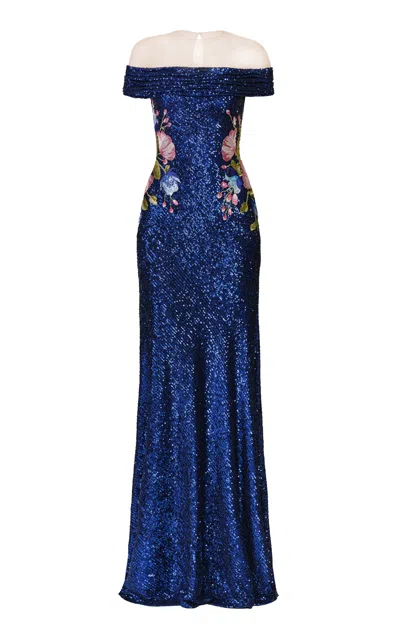 Naeem Khan Stretch Sequin Off-shoulder Illusion Neckline Gown With Floral Applique In Blue